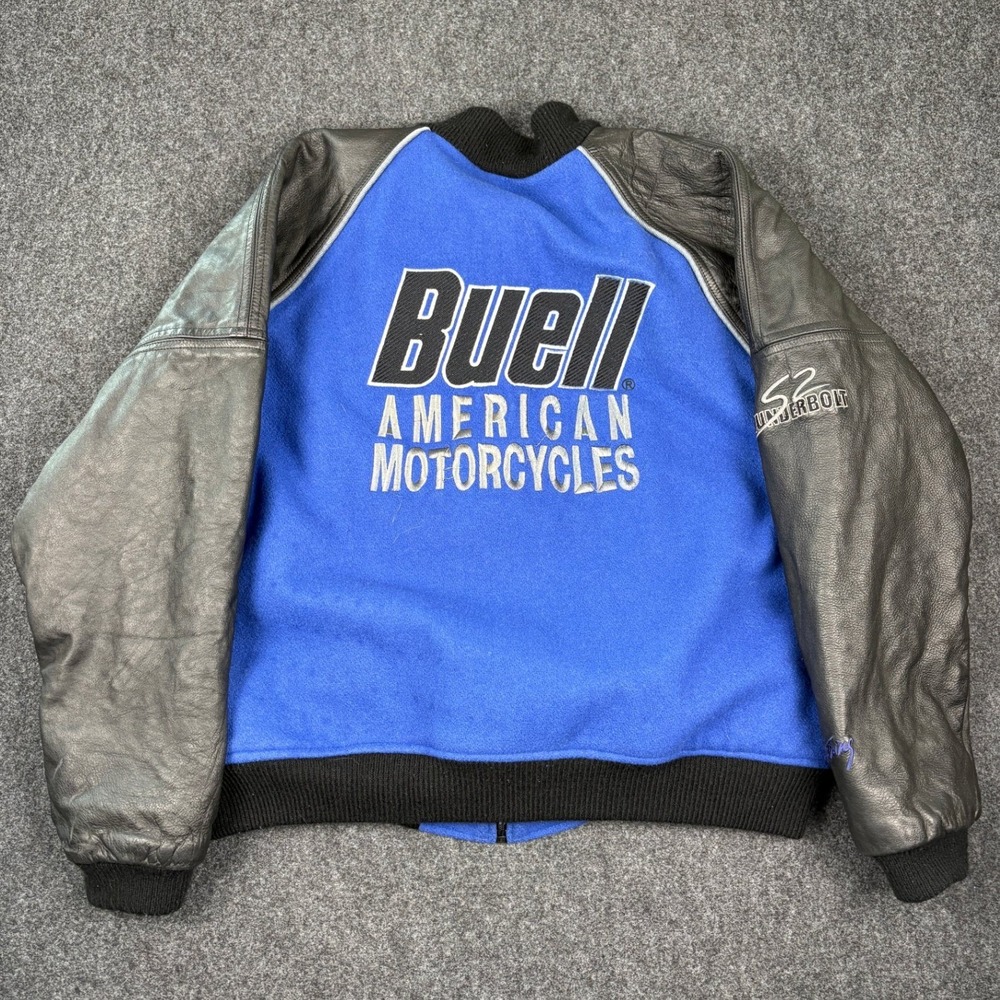 Vintage Buell American Motorcycles Leather Wool Bomber Jacket Blue Black Mens L